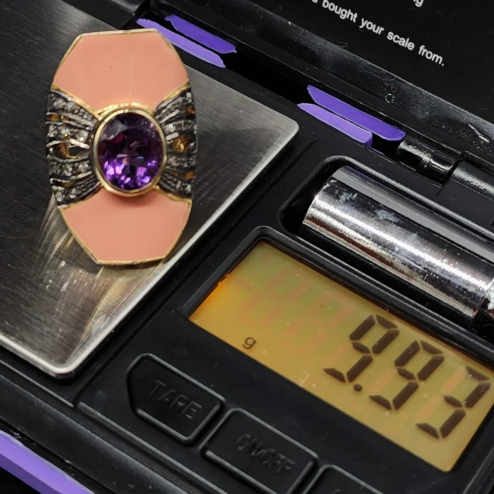 Sterling Silver 925/18k Gold Massive Ring Diamond Amethyst Gemstones
